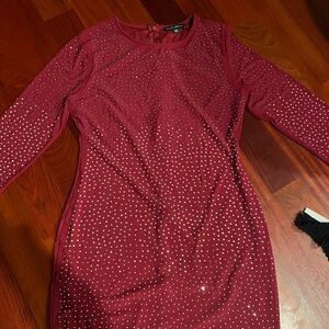 Haute Monde Burgundy Long Sleeve Dress with Rhinestones